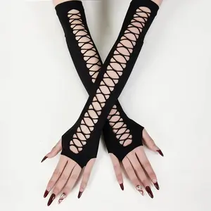 Viral Y2K Goth Lace Up Fingerless Arm Warmers NONE
