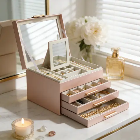 BOOVO Modern 4-Layer Large Glass Door Insert Jewelry Box with Water-Resist PU Leather, Anti-Tarnish Velvet Lining & Mirror - Bedroom Organizer Storage Supplies for Rings/Earrings, with Buckle & Luxury Hardware