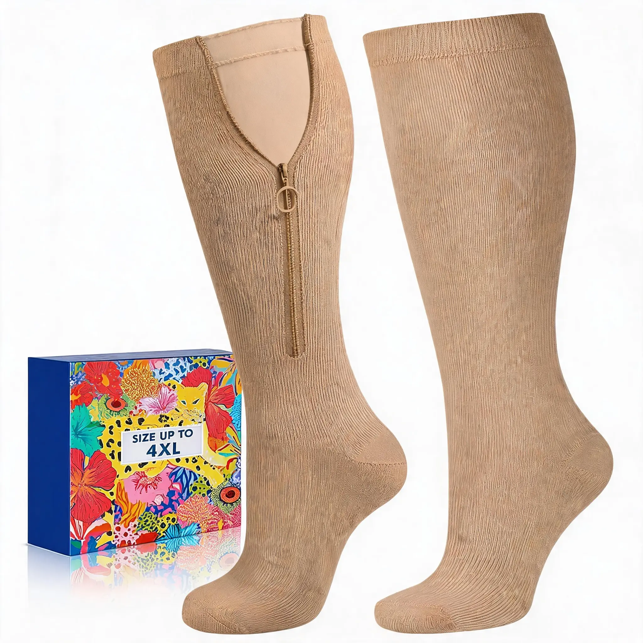 Lalapapa Extra Wide Calf Zipper Compression Socks for Women & Men - 20-30mmHg Graduated Support Socks with Seamless Spandex Fabric, Inner Lining, Easy-On Fit, Stylish Design