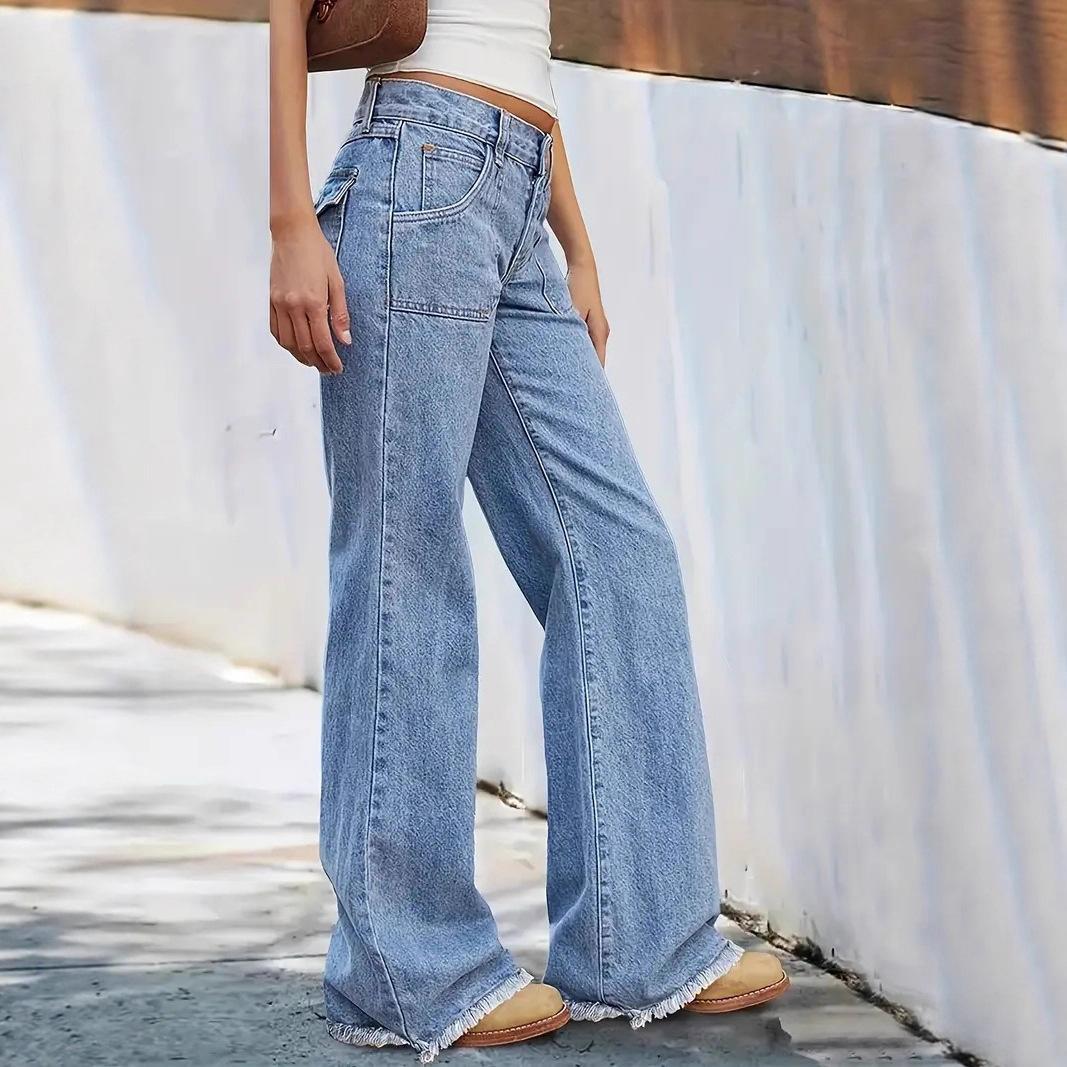 2026 Spring and Summer New Vintage Frayed Hem Wide-Leg Jeans Loose Fit with Large Pockets Women's Fashionable Comfortable Denim
