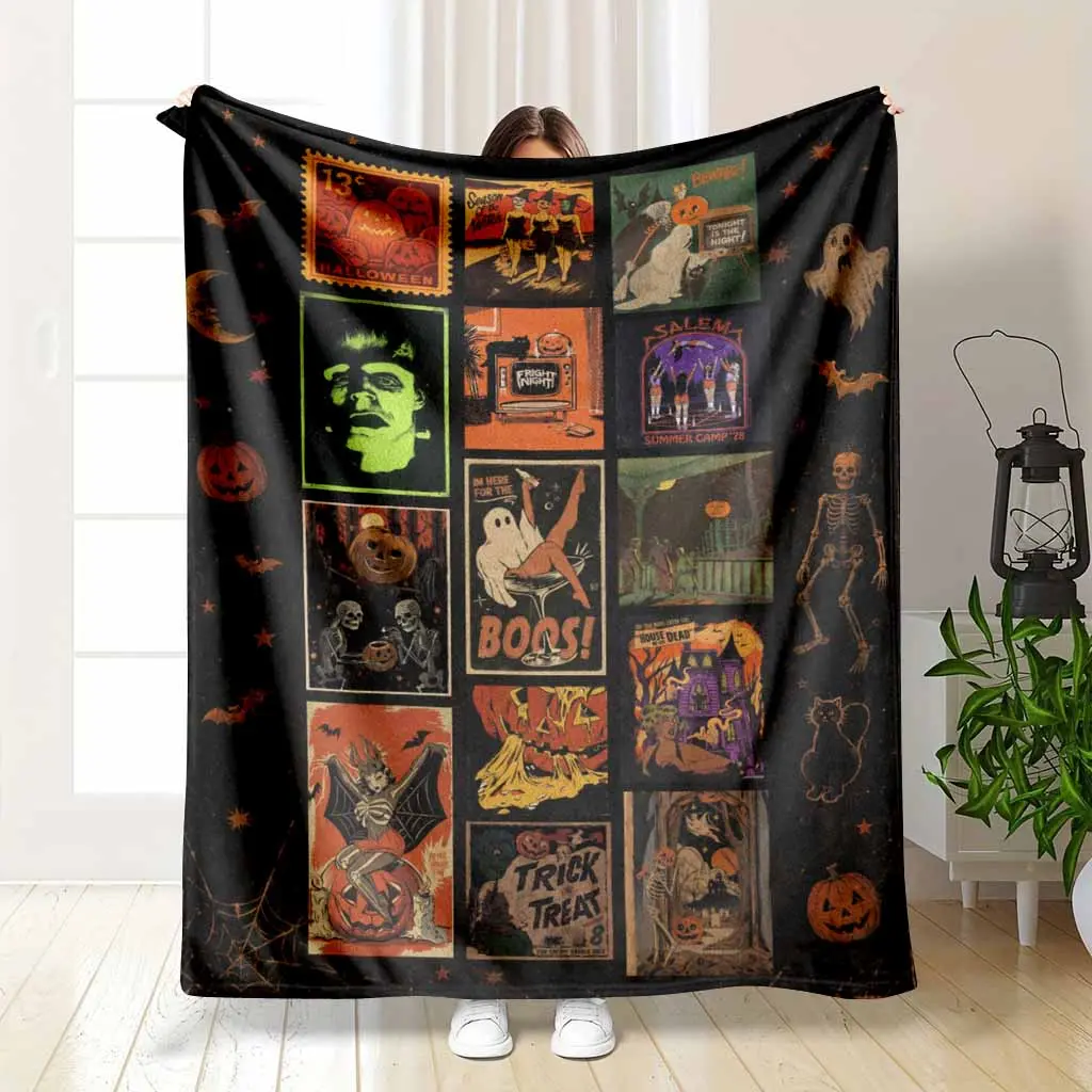 Vintage Halloween Elements Flannel Throw Blanket Retro Pumpkin Ghost Print Soft Lightweight Cozy Plush Bedding Cover Perfect for Autumn Sofa Couch Movie Night Fall Festival Holiday Party Home Decor Gifts