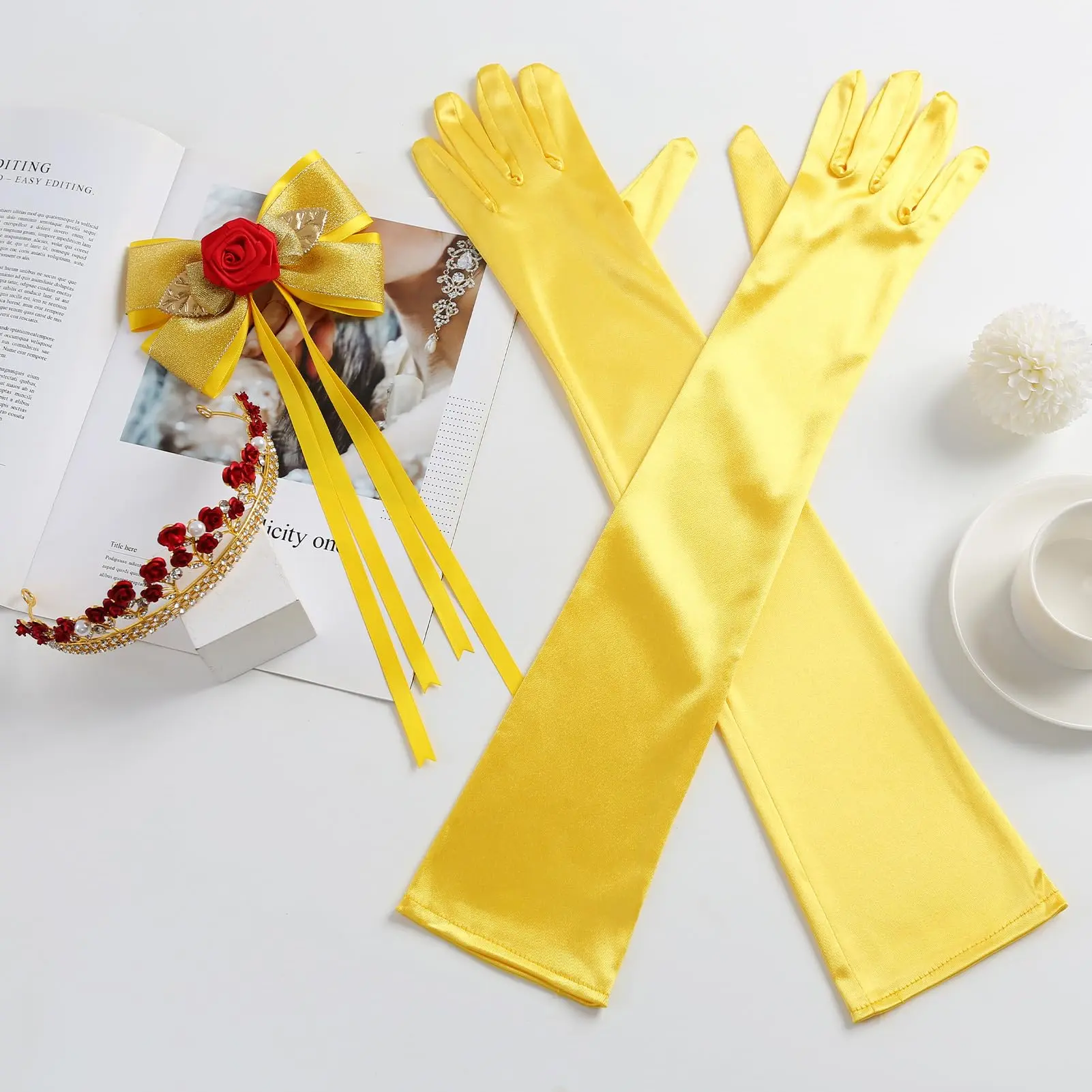 Women's 3-Piece Princess Flower Crown Tiara, Hair Bow & Pearl Yellow Gloves - Halloween Dress-Up Party Costume Accessories, Ideal Gift