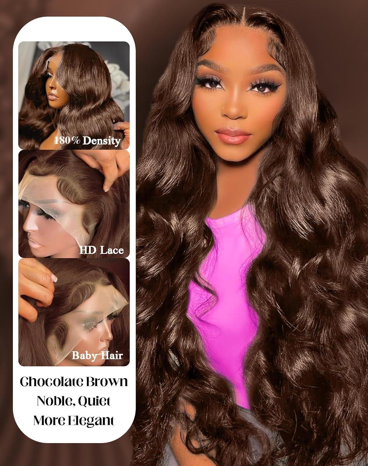 Mamushow 200% Density #4 Chocolate Brown & #1 Jet Black 13x6 Body Wave Full Lace Frontal Human Hair Wigs Wavy Natural Appearance Substantial Comfortable Fit