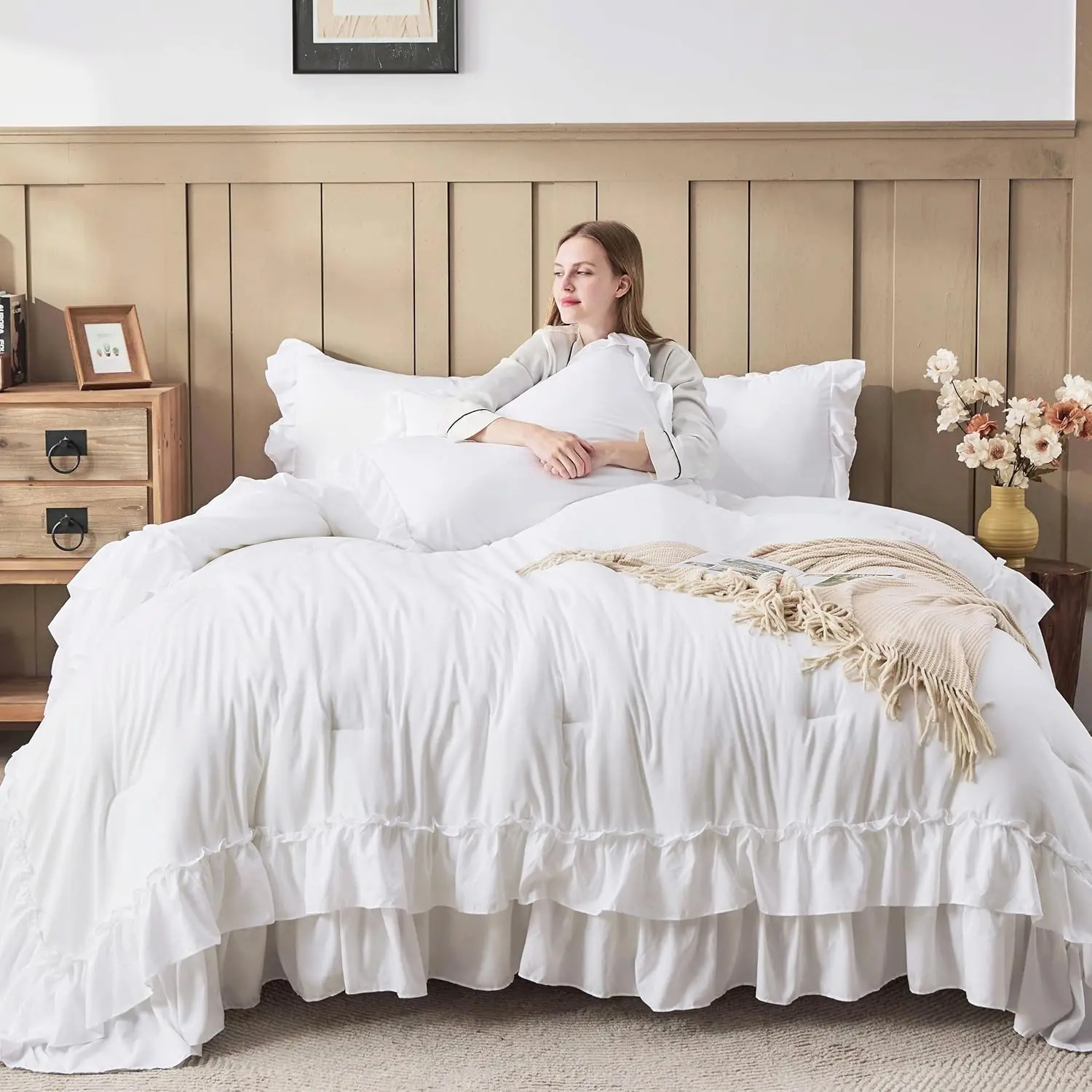 Andency Ruffle Comforter Set 3pcs Vintage Farmhouse Shabby Chic Bedding Ultra Soft Microfiber All Season Cozy Sleep Double Ruffle Design