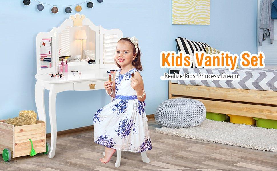 Costzon 2 in 1 Vanity Set for little Princess, Pretend Beauty Dressing Play Toy Gift w/Tri-Folding Detachable Mirror Storage Drawer Costzon 2 in 1 Vanity Set for little Princess, Pretend Beauty Dressing Play Toy Gift w/Tri-Folding Detachable Mirror Storage Drawer