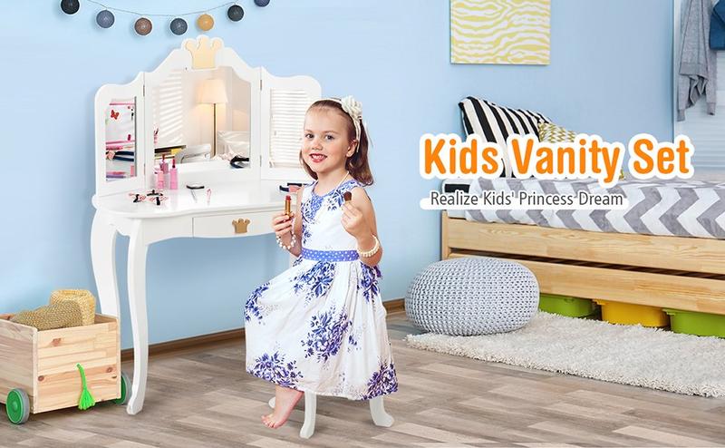 Costzon 2 in 1 Vanity Set for little Princess,  Pretend Beauty Dressing Play Toy Gift w/Tri-Folding Detachable Mirror Storage Drawer