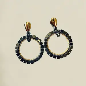 Hematite Stone Hoops-Statement Earrings Gold-Plated Round