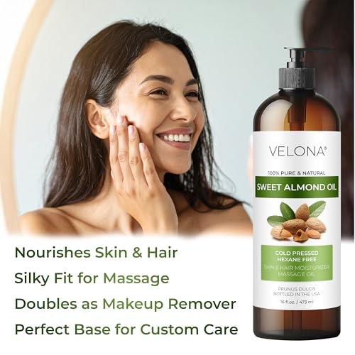 velona Sweet Almond Oil - 16 Fl Oz | Pure and Natural Carrier Oil |Cold Pressed | Skin, Hair, Body & Face Moisturizing | Use Today - Enjoy Results…