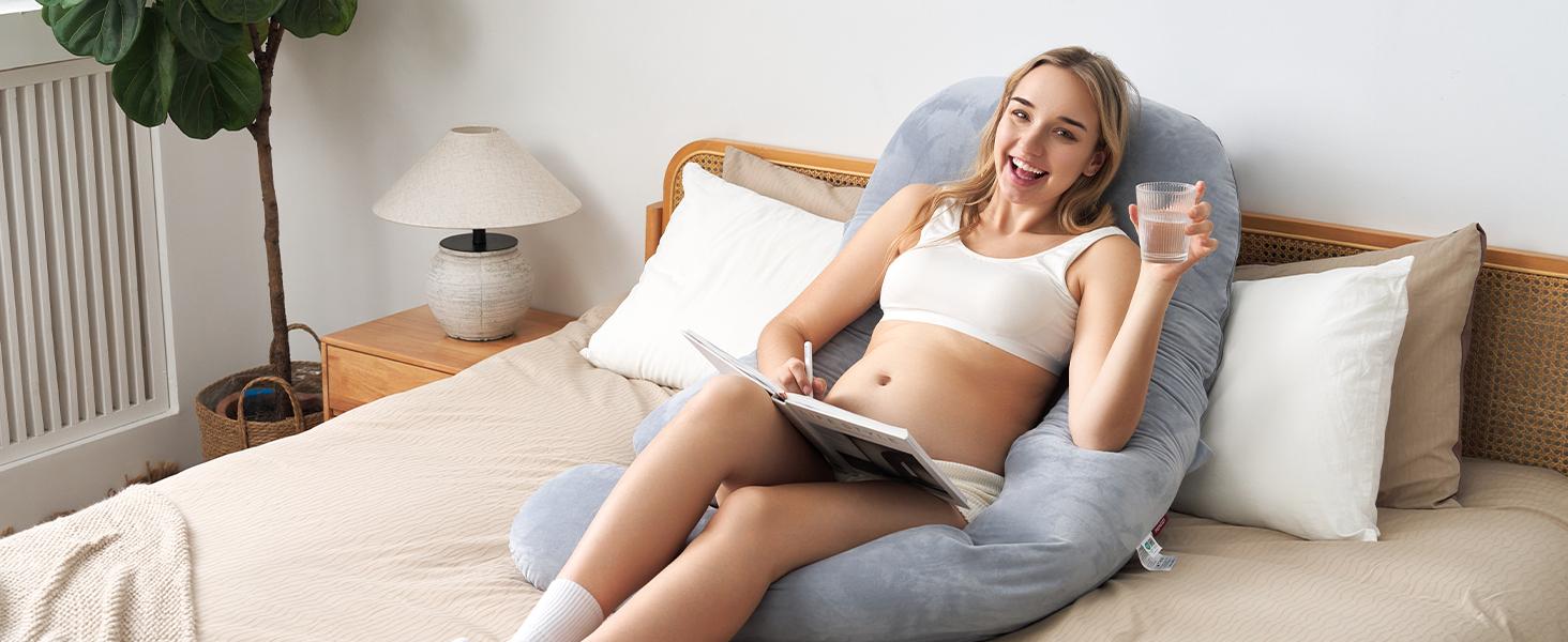 Momcozy Pregnancy Pillow for Sleeping, U Pro Maternity Pillow with Adjustable Leg Pillow and Removable Cover - Support for Back, Hips, Belly, Legs for Pregnant Women, 50-72 Inch Full Body Pillow, Grey【B】