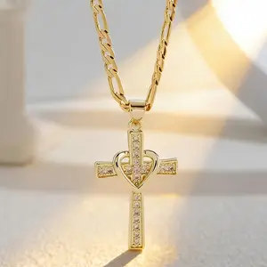 Fashion Vintage Women's Cubic Zirconia Cross Necklace Copper Plated 14k Gold Heart Wing Pendant Ideal for Parties Gift
