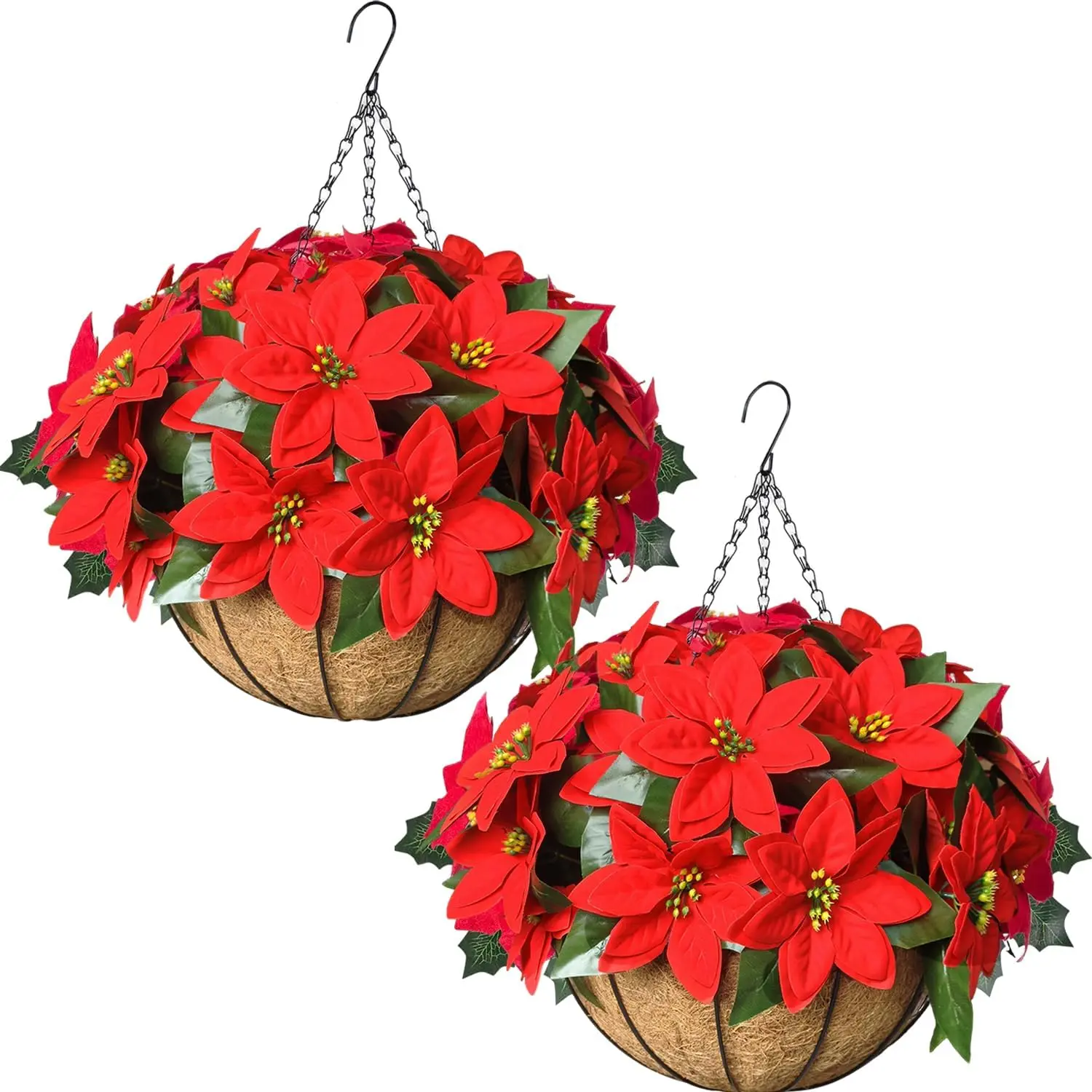 2Pcs Artificial Christmas Poinsettia Hanging Basket Red Flowers | Realistic Faux Christmas Flowers, UV & Weather Resistant Outdoor Decor for Porch, Patio, Balcony, Holidays & New Year
