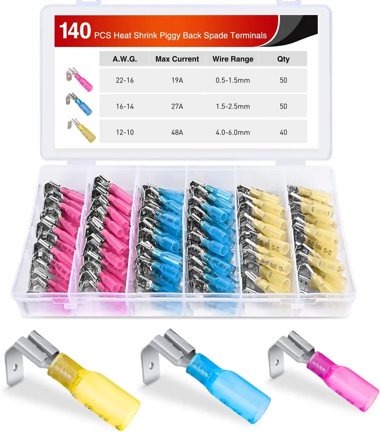 Nilight 140PCS Heat Shrink Piggy Back Spade Terminals Connectors Assortment Kit - 22-16/16-14/12-10 AWG, Waterproof Gel, 3:1 Shrinkage Ratio, Translucent Tube, Quick Splice Crimp for Auto Cars/Trucks, 12V Accessories (Father's Day Gift)