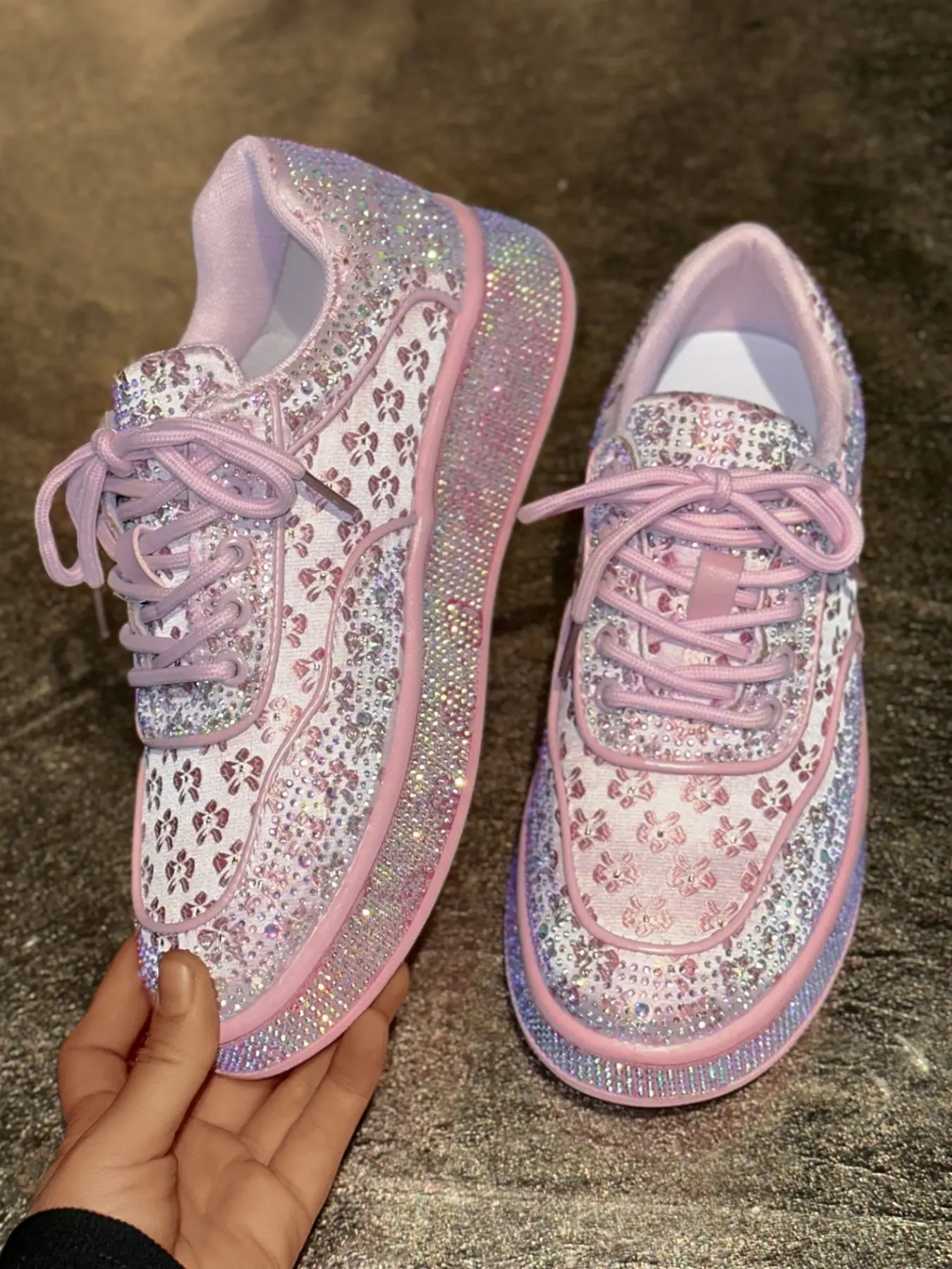 Shiny Rhinestone Sweetheart Thick Sole Casual Shoes, Sneaker, Trendy Trainers, Floral Mesh Patchwork Multicolor Women's Shoes, Fashionable Dress Shoes for All Seasons Walking Shoes