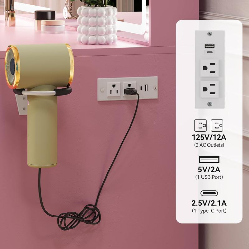 YITAHOME Makeup Vanity Desk with Large Lighted Mirror with Power Outlet and LED/Bulb Strip, 3 Color Lighting Modes with Adjustable Brightness, 4 Drawer Vanity Table with Cushioned Stool for Bedroom