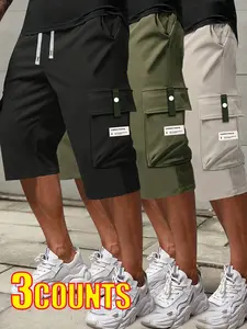 Men’s 3-Pack Cargo Jogger Pants for Summer – Drawstring Waist, Large Pockets, Letter Patches, Fashionable Casual Sportswear Fitness Trousers