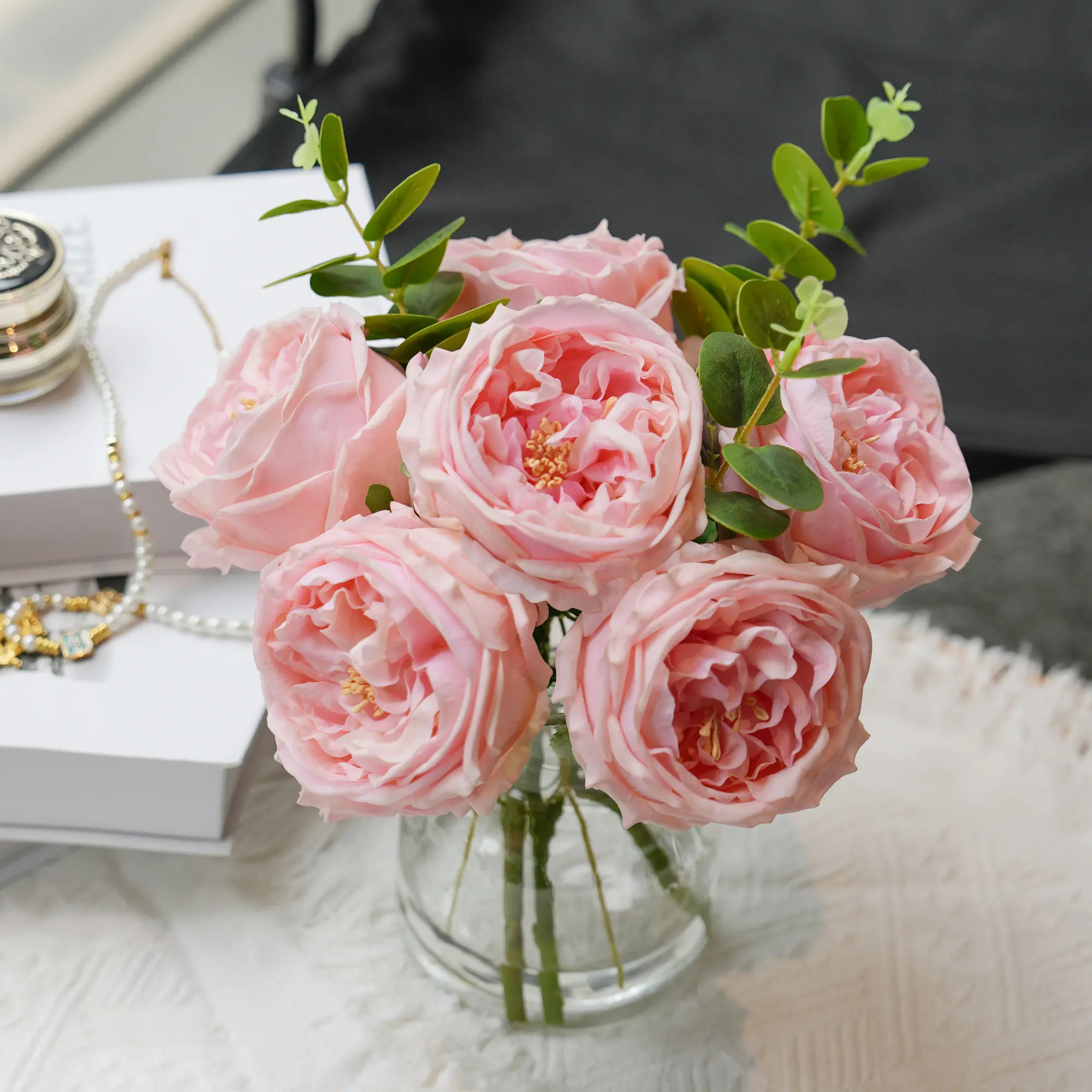 Trilvorn Faux Pink Peony Rose Flowers in Vase, Artificial Flowers in Glass Vase with Faux Water, Real Touch Silk Floral Arrangement Centerpiece Table Decorations for Dining Table Coffee Table Home Decor