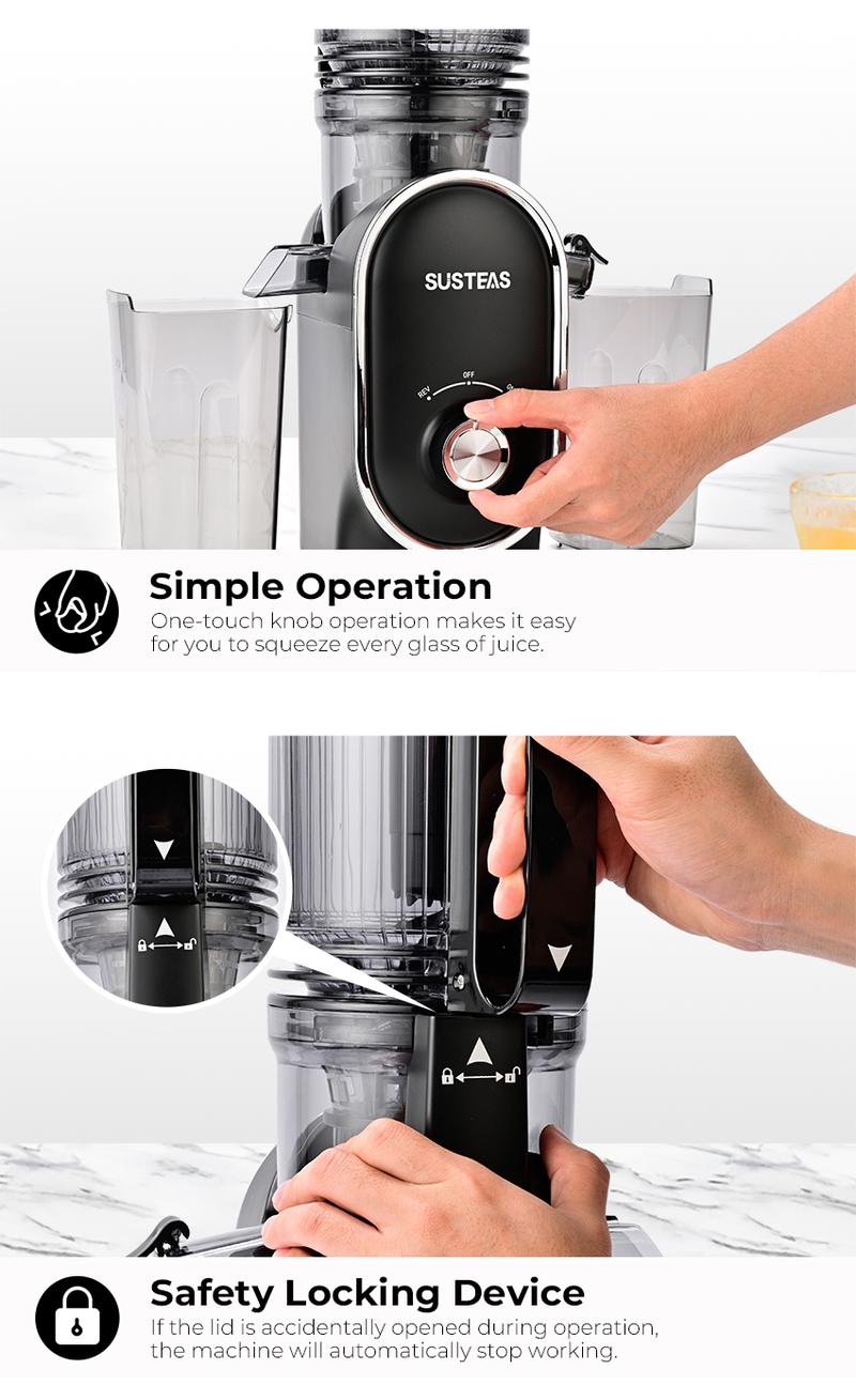 SUSTEAS Cold Press Juicer with 5.3'' Large Feed, Easy to Clean, High Juice Yield, Includes Two Filters for Soft & Hard Fruits, 98% Juice Yield Healthy Life Kitchen Essential Juicer Machine Blenders