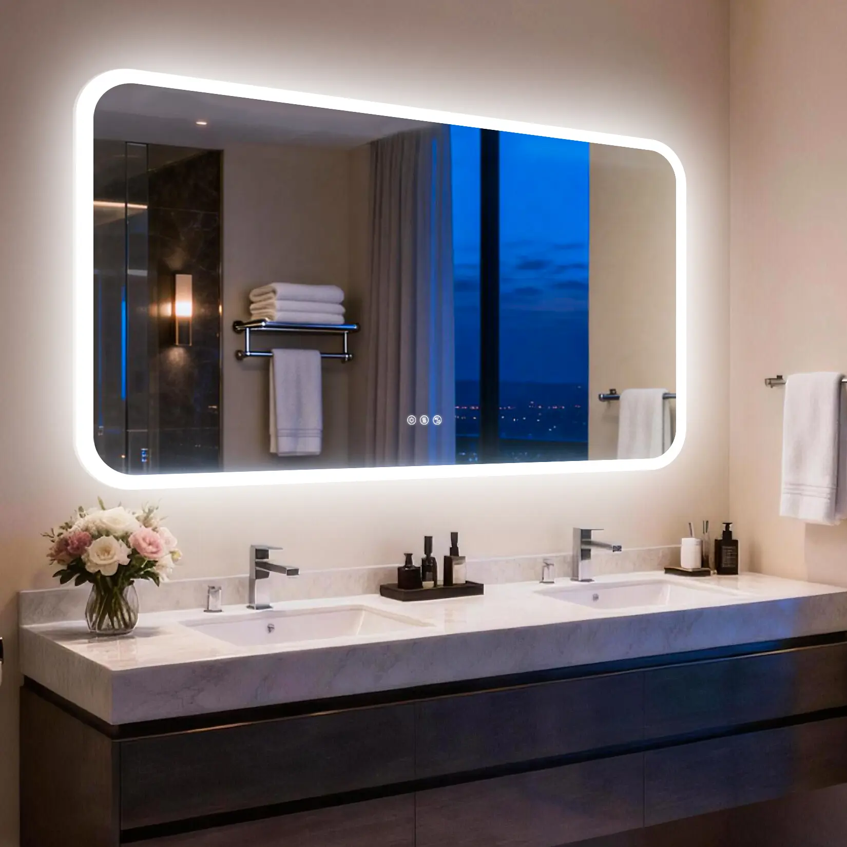 LED Bluetooth Bathroom Mirror with Speakers, Anti-Fog, 3 Color Dimmable Light, Wall-Mounted Mirror with Bluetooth, Rounded Corners, Plug-in/Hardwired
