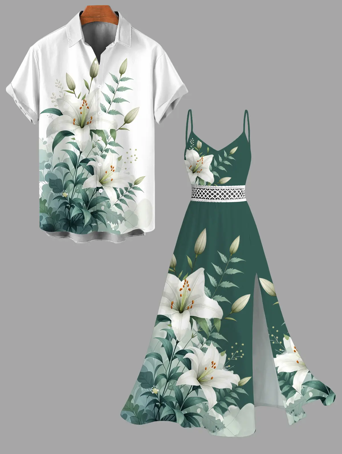 DRESSLILY 2026 Vacation Couple Outfit Women's Fresh Style Lily Floral Bud Leaf Print Lace Hollow Out Slit Long Dress and Men's Button Up Shirt Matching Set