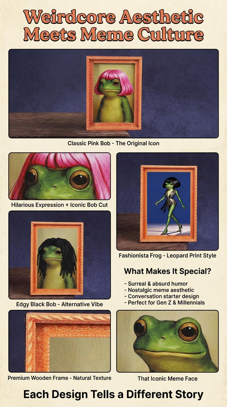 Funny Frog Magnet with Bob Haircut - Weird Core Fridge Decor - Cute Meme Gift for Bestie & Coworker Wooden Sass Sign