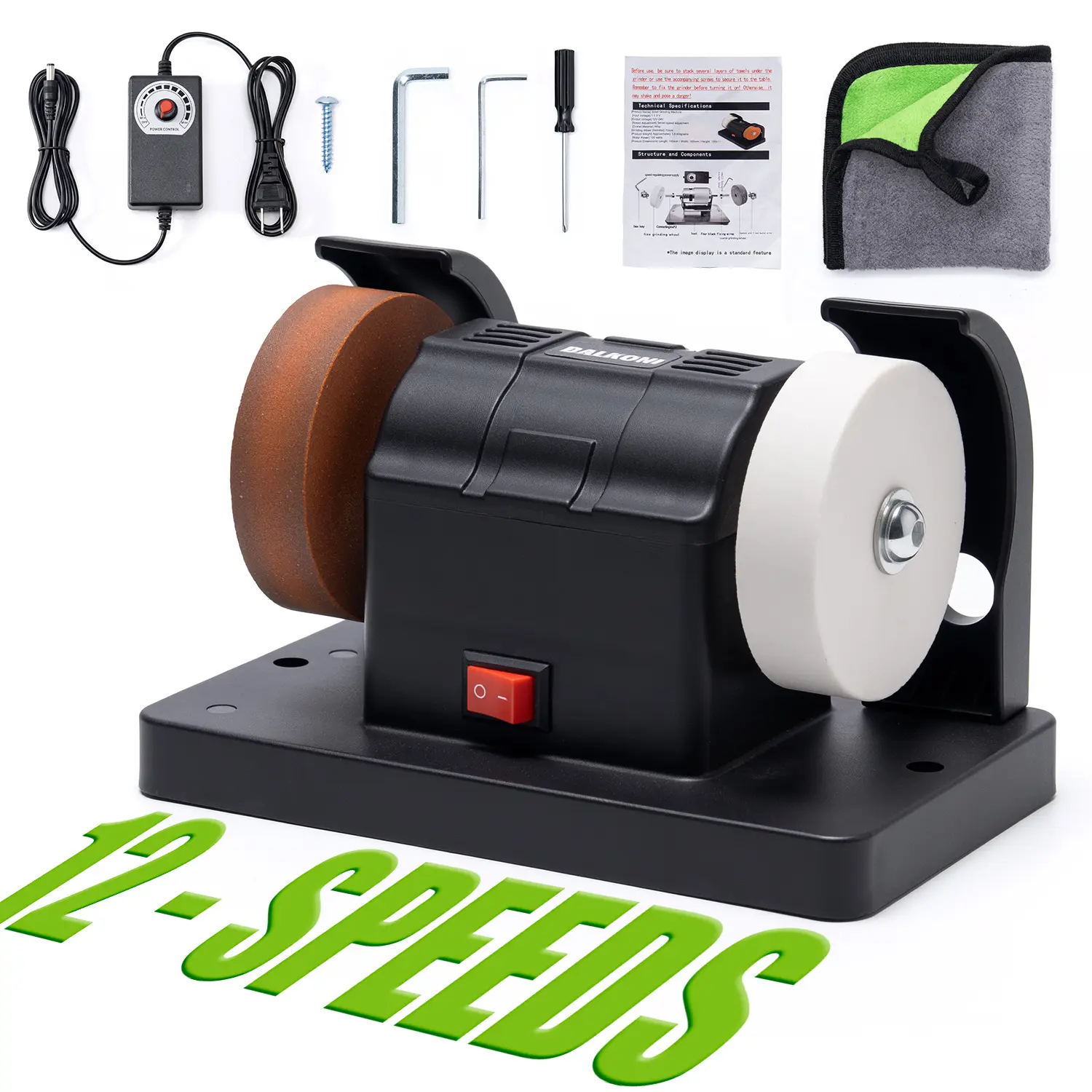 Mini Dual Wheel Electric Bench Grinder, 12-Speed Variable Speed Electric Sander, Dual Wheel, Metal Wood Stone Jewelry Grinding & Polishing Machine , Desktop Electric Coarse & Fine Grinding Wheel Polishing Stone