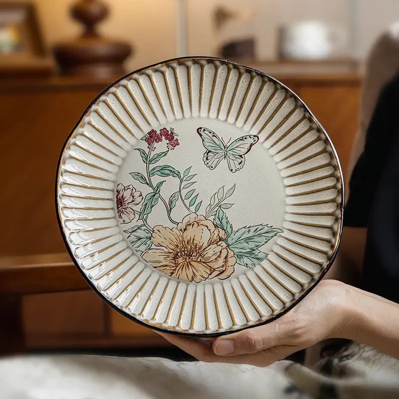 1pc Vintage Floral Plate, Elegant Western Dinner Plate, High-End Dining Plate, Non-Bone China, Batch Number T11982409, Product Type: Plates