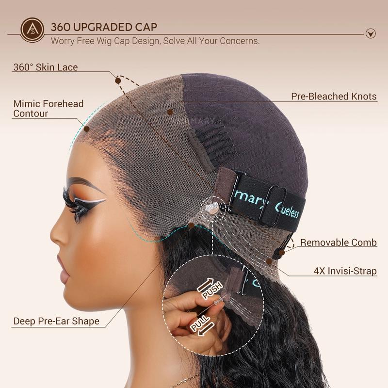 Water Wave 360 Lace Frontal Wig with Invisi Strap Brown Balayage Highlight Adjustable Fit Pre-Bleached and Pre-Cut Skin Lace