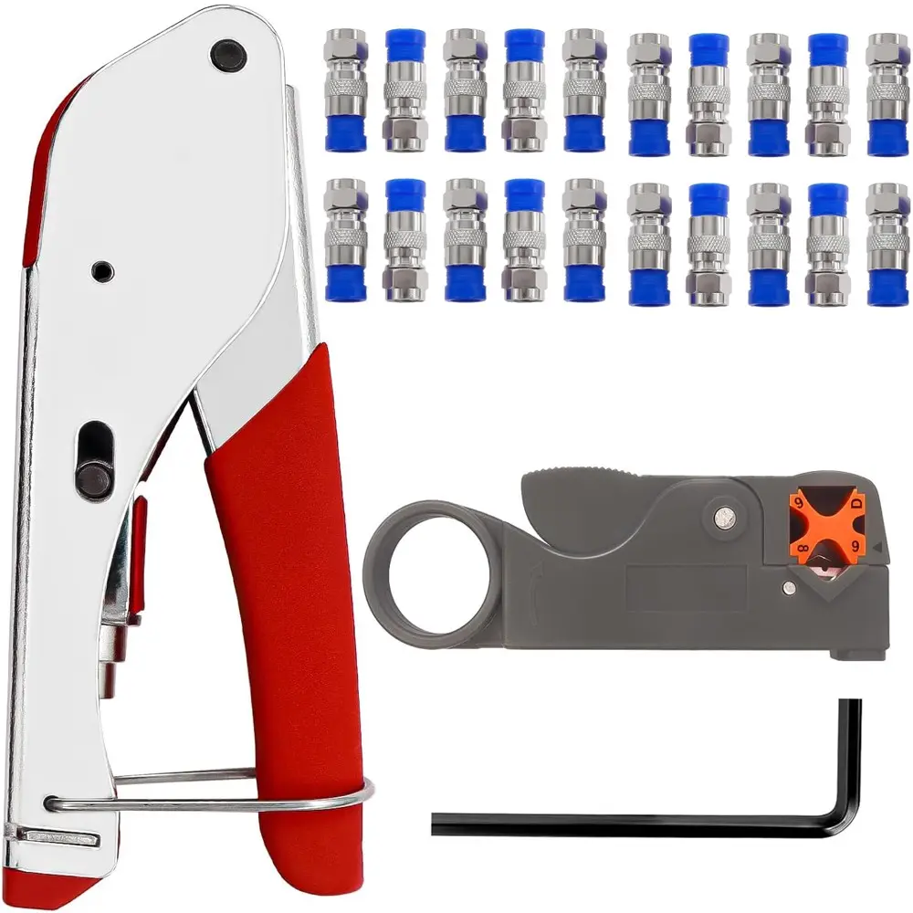 Coax Cable Crimper Kit Coaxial Cable Rg6 Compression Tool Kit with 20PCS F RG6 Connectors, Wire Coax Cable Stripper Tool for Satellite TV, CATV, Home Theater, and Security, Tool Kit Set, Tools Gadgets, Hand Tools
