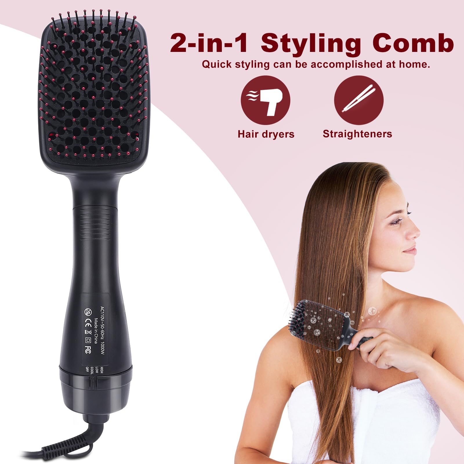 2 in 1 Hair Dryer Brush & Straightener Brush, Hair Dryer and Styler, Negative Ion Blow Dryer Brush, Hot Air Brush Detangles, Dries, Smooths, Reduce Frizz & Static