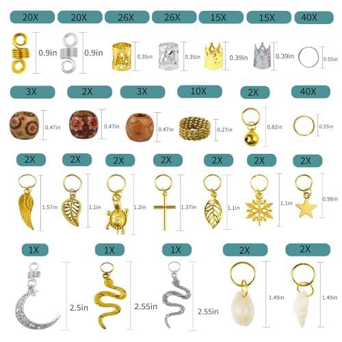 241 PCS Hair Jewelry for Braids, Locs Metal Gold and Silver Clips Shells Imitation Wood Beads, Adjustable Cuffs Braiding Hair Rings Decoration, Dreadlock Beads for Girls Decorative