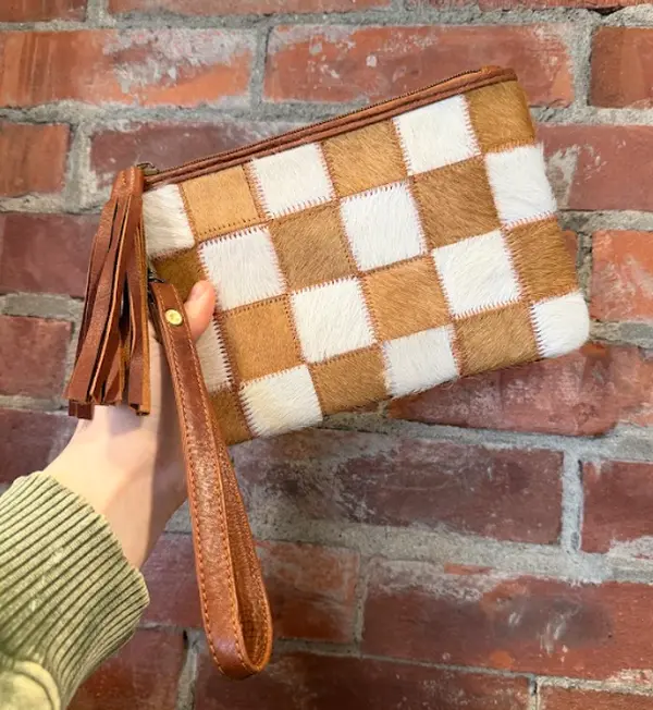 Stockdale checkered cowhide wristlet pouch