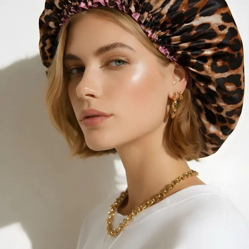 Reversible Leopard and Pink Pure Mulberry Silk Bonnet for Women's Stylish Headwear