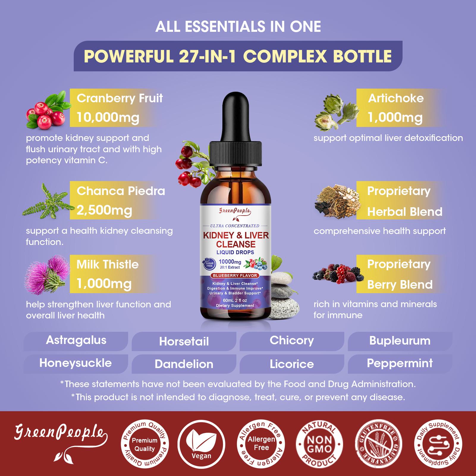 Greenpeople Kidney Cleanse Detox & Repair Drops, 27-in-1, Cranberry Extract & Chanca Piedra,Urinary Tract&Liver Cleanse - Vegan Supplement