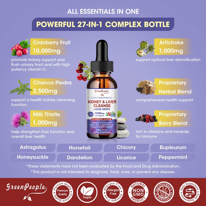 GreenPeople 27-in-1 Kidney Cleanse Detox & Repair Drops 20:1 Cranberry Extract & Chanca Piedra Urinary Tract & Liver Cleanse Vegan Supplement Alcohol-Free Non-GMO