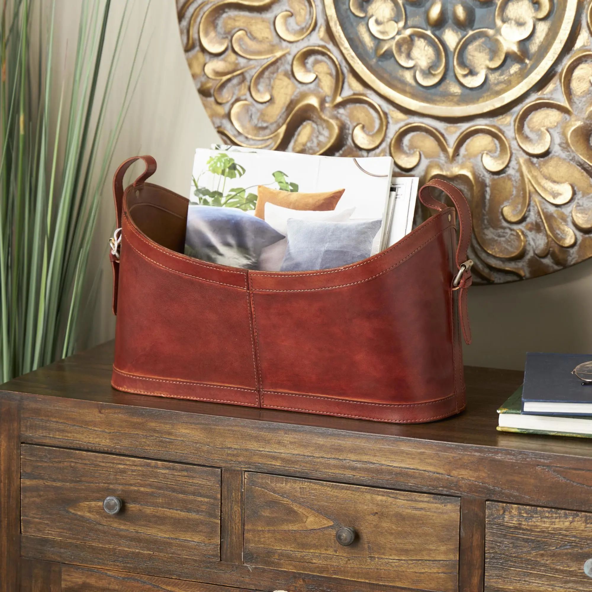 Handcrafted Hard Leather Curved Box-Style 1-Slot Magazine Holder with Buckle Handles, Linear Stitching, Rustic Home Decor Storage Organizer for Living Room Office Filing Supplies, Indoor Use Only