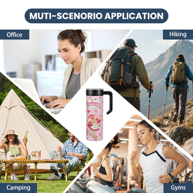 New 20oz Strawberry Shortcake Themed Insulated Stainless Steel Mug with Handle, Leak-Proof Portable Multi-Style Cup, Perfect for Coffee/Smoothies & Commute/Office/Picnic, Ideal Gift for Dessert Lovers