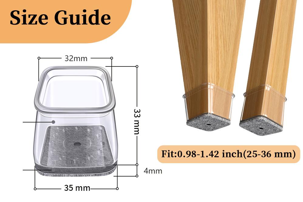 Square Chair Leg Floor Protectors, Furniture felt pads for Hardwood Floors, furniture Sliders for Chair Legs, Floor Protectors for Chairs, reduces noise Silicone Chair Leg Caps Cover, Large, Clear