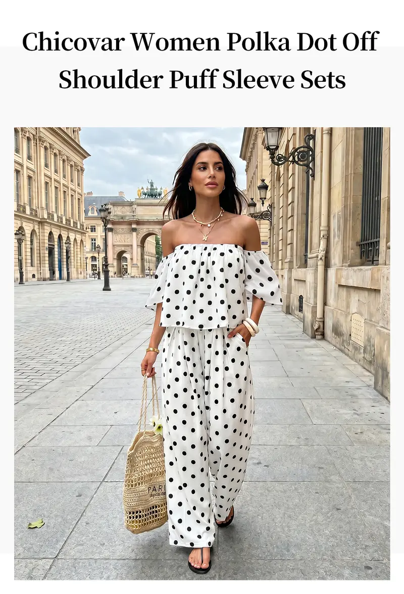 Chicovar Women's Polka Dot Off Shoulder 2 Piece Set, Puff Sleeves Cropped Top, High Waist Wide Leg Pants with Pockets, Lined, Slimming, Casual, Date, Beach Vacation Outfit Sets, Lounge Sets, Summervibes,sohochic