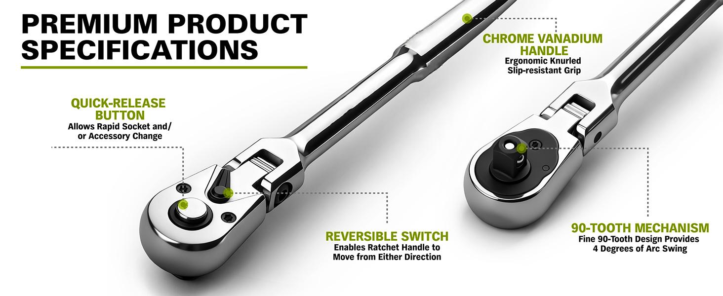 SEESE 10 Piece Flex Head Ratchet Set, 1/4", 3/8" and 1/2" Drive Swivel Head Ratchet Wrench with Extension Bar and 4pc Adapter, 72-Tooth Flexible Wrench Handle with Quick-Release Reversible Design