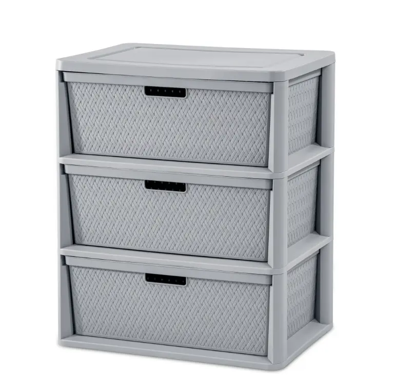 Gray 3-Drawer Weave Tower, Bedroom Storage Cupboard