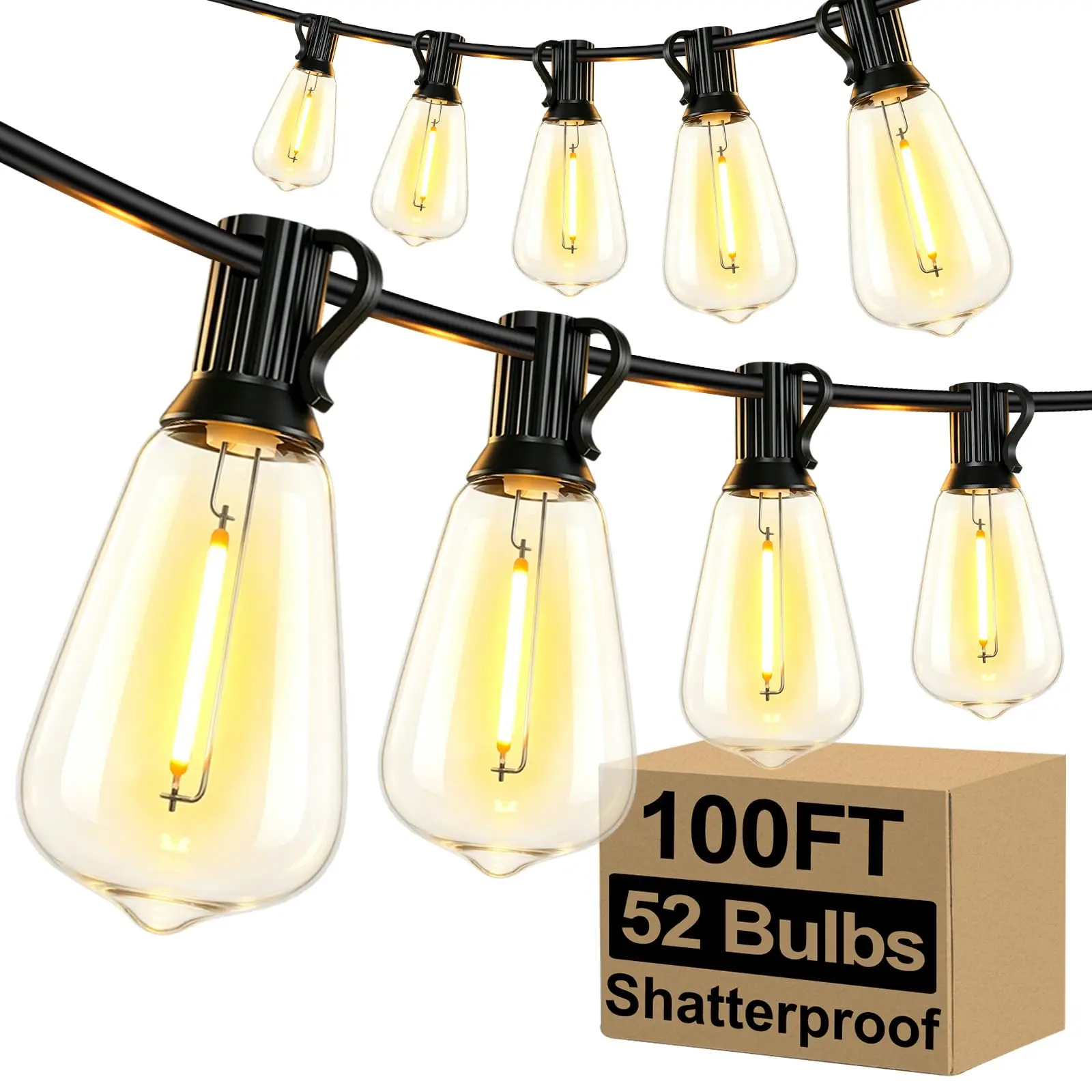 Waterproof Solar Outdoor String Lights with Shatterproof ST38 Edison Bulbs - Energy Saving Hanging Patio Lights, Easy Install Ambiance Lighting for Garden, Balcony, Camping, Party & Festival