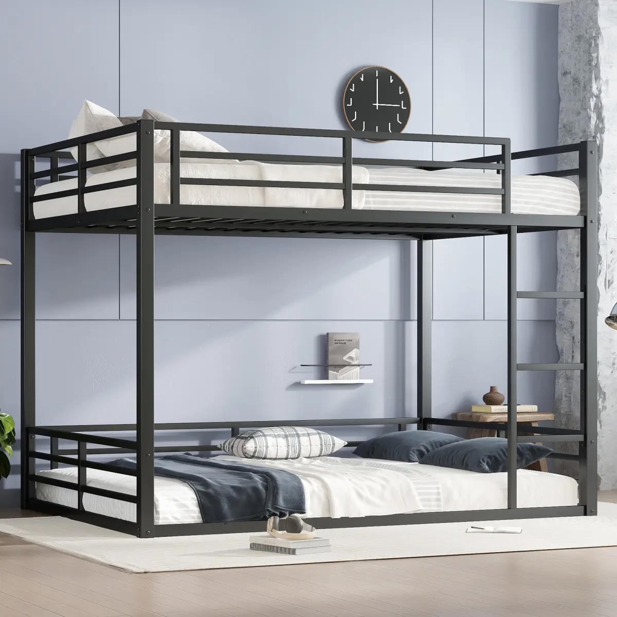 Minimalist Style Metal Queen-over-Queen Bunk Bed for Teens, Silent, 96.67 lbs, 63.00 in, 82.70''L×63''W×63.7''H, Space-Saving, No Box Spring Needed, Black Frame