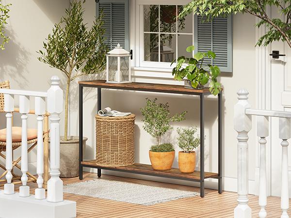 HOOBRO Console Table, 47.2" Narrow Entryway Table, Sofa Table with Shelf, Entrance Table for Living Room, Hallway, Foyer, Corridor, Office, Metal Frame, Rustic Brown and Black