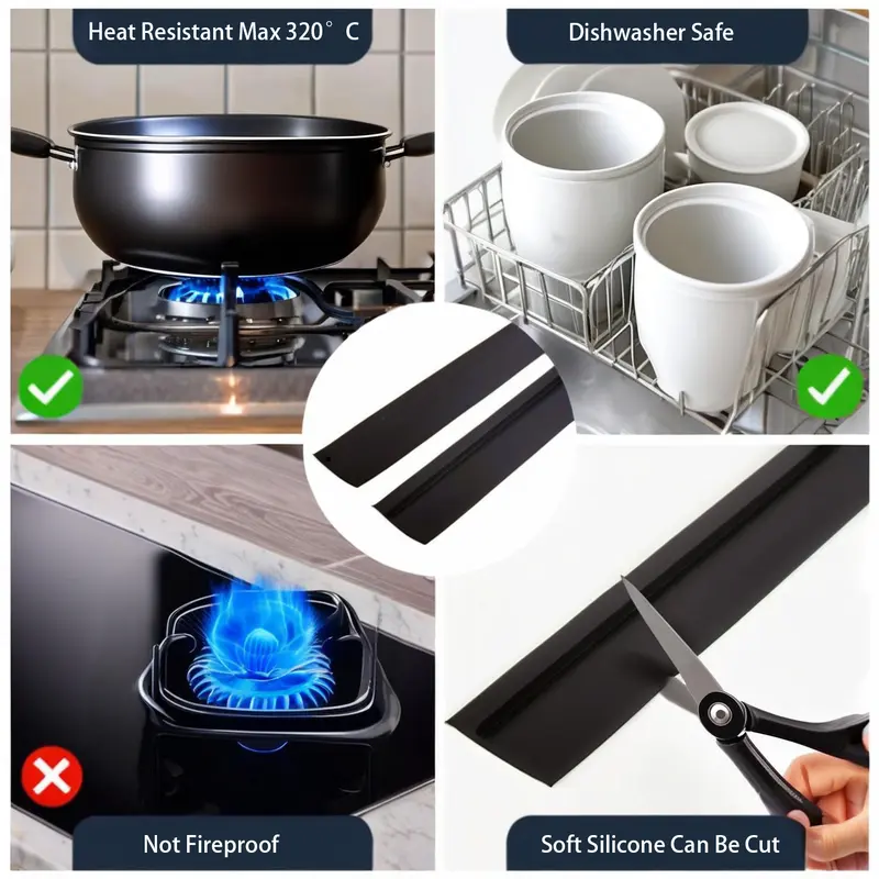 1-2Pcs Universal Self-Adhesive Silicone Stovetop Gap Covers, Easy-Clean Wide Heat-Resistant Counter Sealing Strip Filler Guard for Modern Kitchen Black Appliance Side Protection (2pack-black Option)