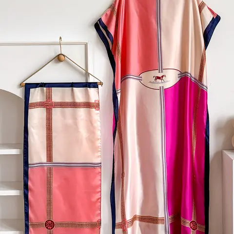 Women Satin Kaftan Abaya Set With Matching Hijab, Vintage Print Loose Batwing Sleeve Maxi Dress, Modest Islamic Prayer Robe For Muslim Ladies