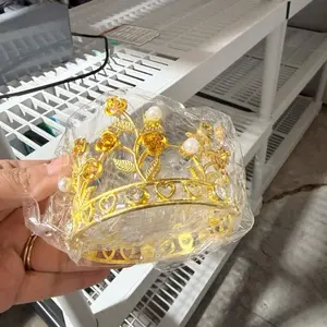 Crown Medium Gold-Toned Decorative Tiara with Pearl Accents and Crystal Embellishments for Special Occasions