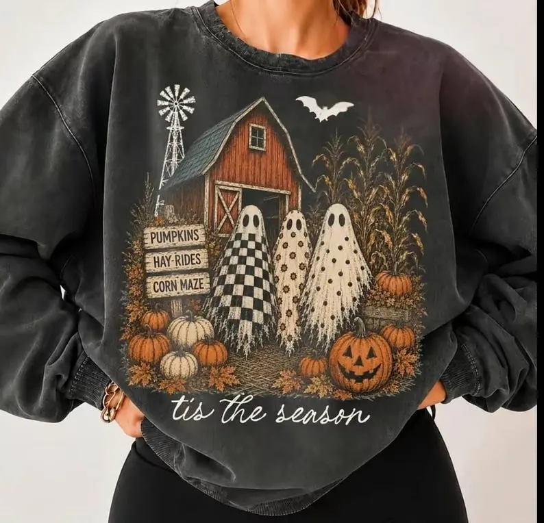 Tis the Season Ghost Trio Sweatshirt, Pumpkin Patch Ghost Shirt, Farmhouse Halloween Shirt, Checkered Floral Polka Dot Ghost, Fall Sweater