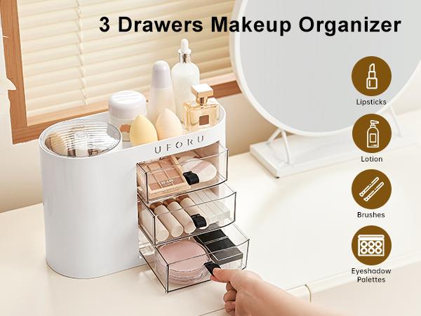 UFORU Makeup Organizer with Drawers for Vanity, 4 Slot Brush Holder with One Touch Open,Spacious Cosmetic Storage for Dresser Vanity and Bathroom Countertop,Beauty Holder for Lipstick Skincare jewelry organizer makeuporganizer White Boxes