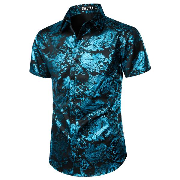 ZEROYAA Men's Luxury Paisley Shiny Printed Slim Fit Short Sleeve Button Up Dress Shirt