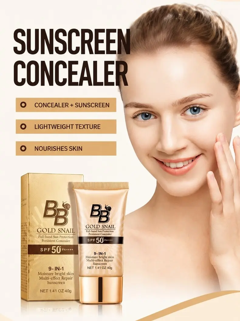 3-in-1 Snail BB Cream Makeup - Moisturizer, Sunscreen, Foundation with Gold Snail Formula for Glowing Skin